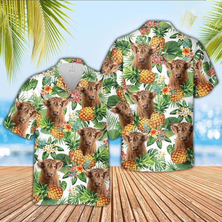 Highland Cattle Pineapple Pattern Hawaiian Shirt, Farm Hawaiian Shirt, Farmer Hawaii