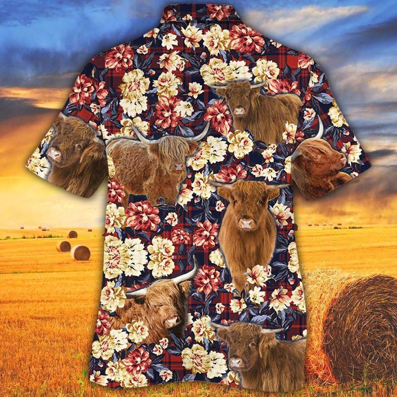 Highland Cattle Red Plaid Pattern All Over Printed Hawaiian Shirt, Farm Hawaiian Shirt, Farmer Hawaii