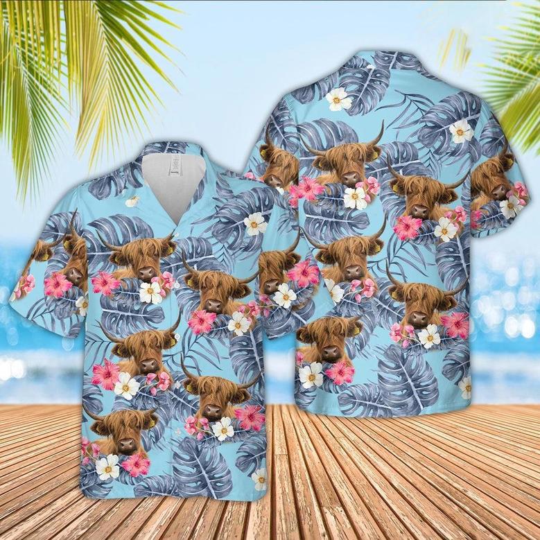 Highland Cattle Sierra Blue Pattern Hawaiian Shirt, Farm Hawaiian Shirt, Farmer Hawaii