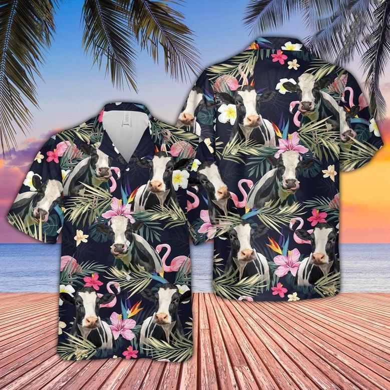 Holstein And Flamingo Flower Pattern Hawaiian Shirt, Farm Hawaiian Shirt, Farmer Hawaii