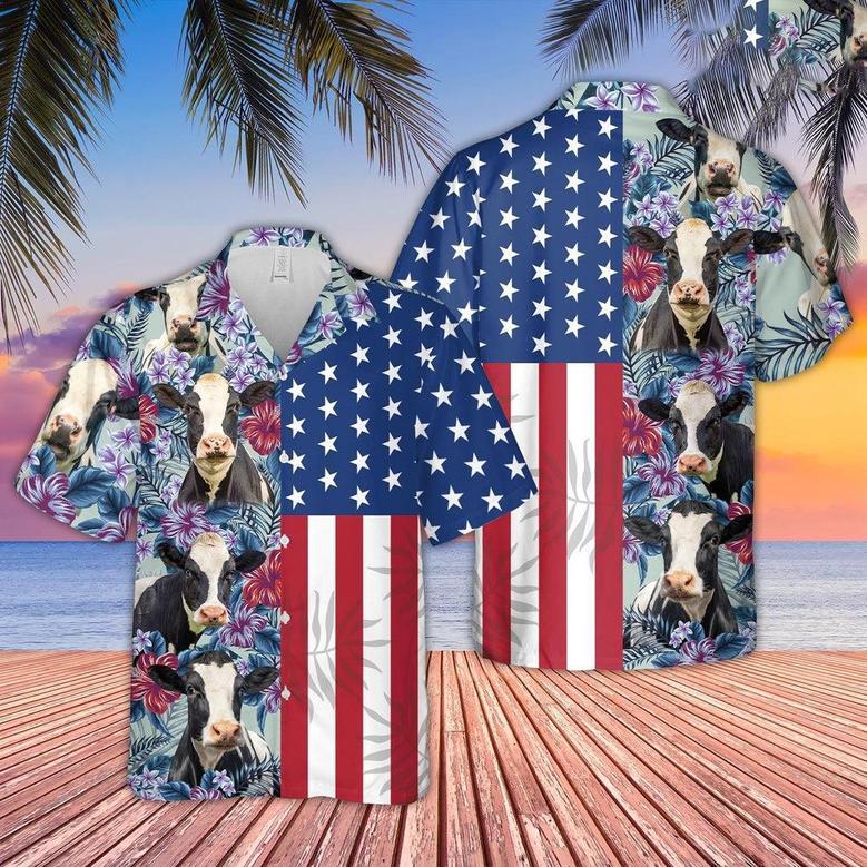 Holstein Cattle Flower Pattern US Flag Hawaiian Shirt, Farm Hawaiian Shirt, Farmer Hawaii