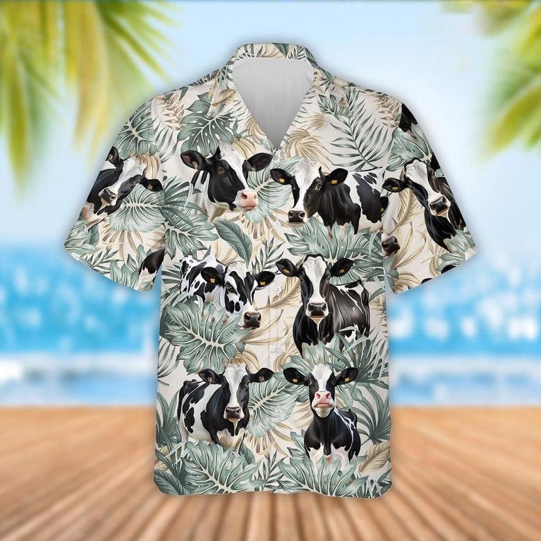 Holstein Cattle Tropical Leaf Pattern Hawaiian Shirt, Farm Hawaiian Shirt, Farmer Hawaii