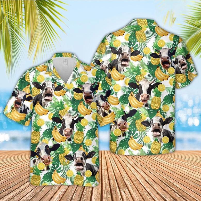 Holstein Cattle White Tropical Fruits Pattern Hawaiian Shirt, Farm Hawaiian Shirt, Farmer Hawaii