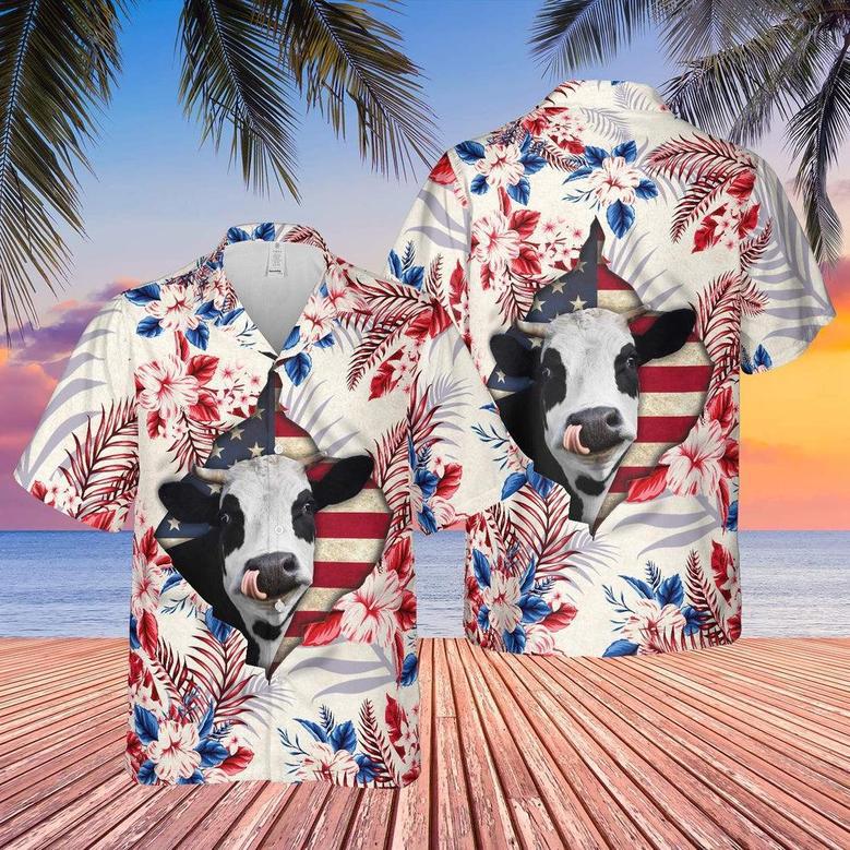 Holstein Face Hibiscus Flower All Over Printed Hawaiian Shirt, Farm Hawaiian Shirt, Farmer Hawaii