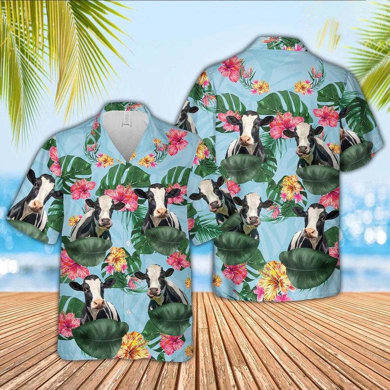 Holstein Flower Pattern Hawaiian Shirt, Farm Hawaiian Shirt, Farmer Hawaii