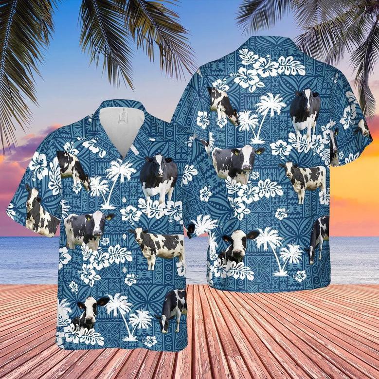 HOLSTEIN FRIESIAN Cattle Blue Tribal All Over Printed Hawaiian Shirt, Farm Hawaiian Shirt, Farmer Hawaii