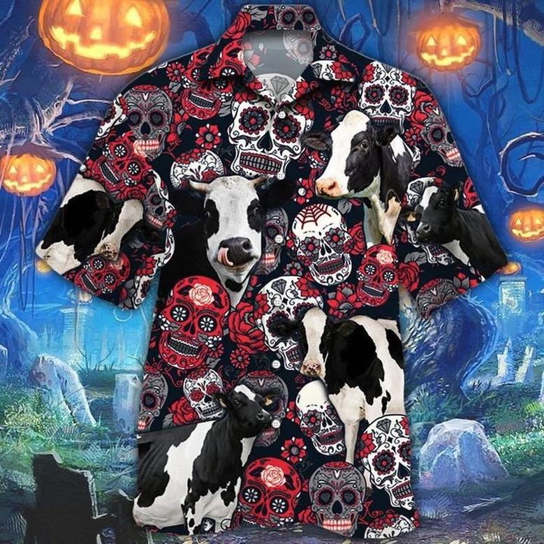 Holstein Friesian Cattle Lovers Sugar Skull Floral Hawaiian Shirt, Farm Hawaiian Shirt, Farmer Hawaii