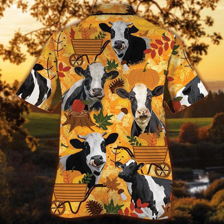 Holstein Friesian Cattle Nature Autumn Pumpkin All Over Printed Hawaiian Shirt, Farm Hawaiian Shirt, Farmer Hawaii