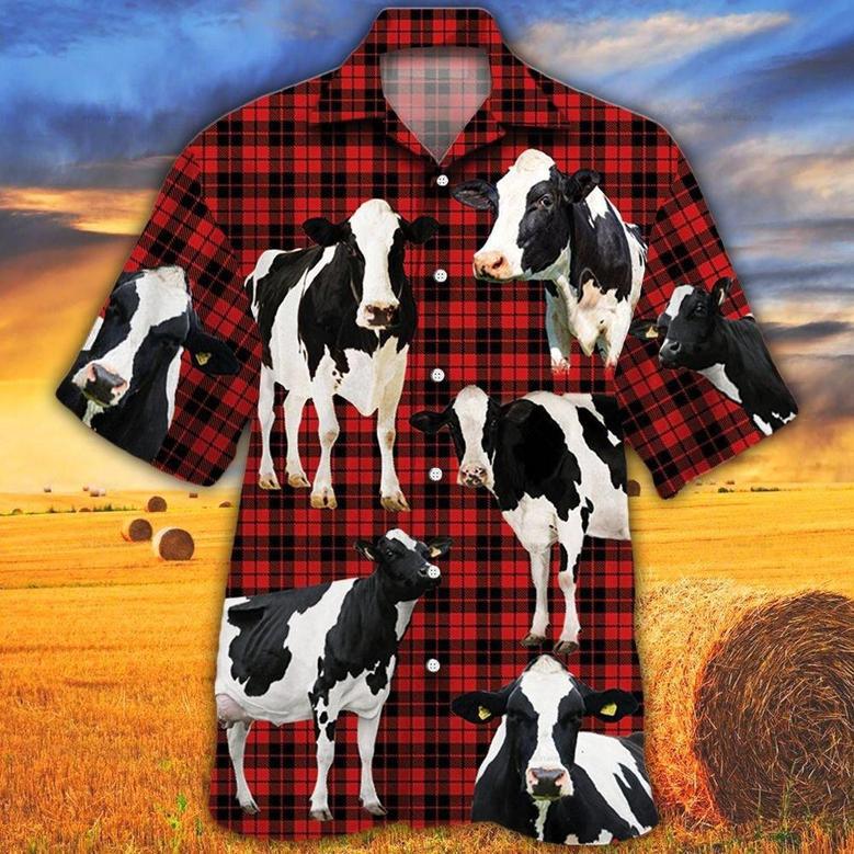 Holstein Friesian Cattle Red Tartan Pattern All Over Printed Hawaiian Shirt, Farm Hawaiian Shirt, Farmer Hawaii