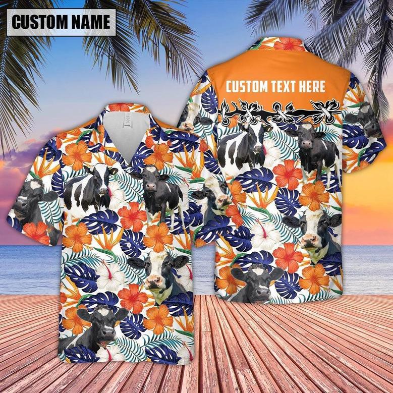 Holstein Hibiscus Blue Floral Custom Name Hawaiian Shirt, Farm Hawaiian Shirt, Farmer Hawaii