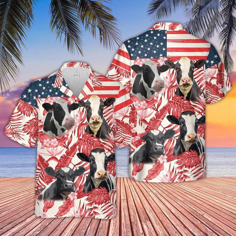 Holstein Red Floral US Flag Hawaiian Shirt, Farm Hawaiian Shirt, Farmer Hawaii