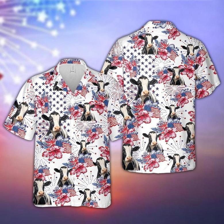 Holstein US Flag Flower Pattern Hawaiian Shirt, Farm Hawaiian Shirt, Farmer Hawaii