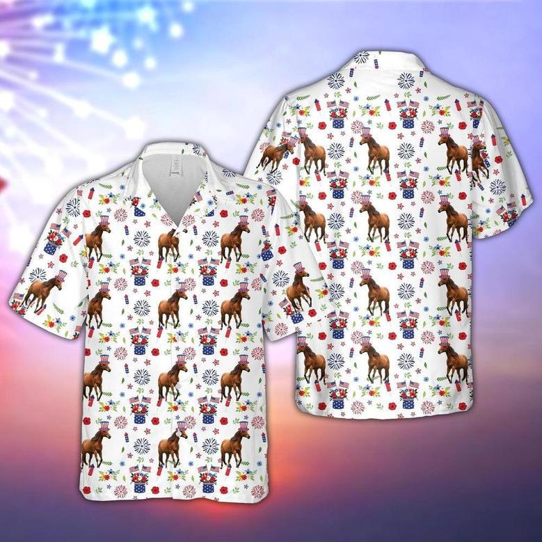 Horse American Flag And Firework Pattern Hawaiian Shirt, Farm Hawaiian Shirt, Farmer Hawaii