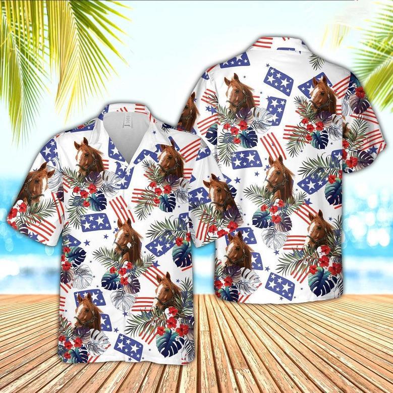 Horse American Little Flowers And Flag Pattern Hawaiian Shirt, Farm Hawaiian Shirt, Farmer Hawaii