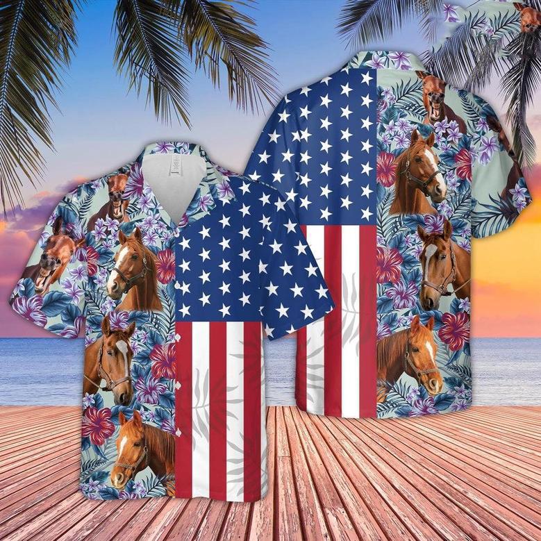 Horse Flower Pattern US Flag Hawaiian Shirt, Farm Hawaiian Shirt, Farmer Hawaii