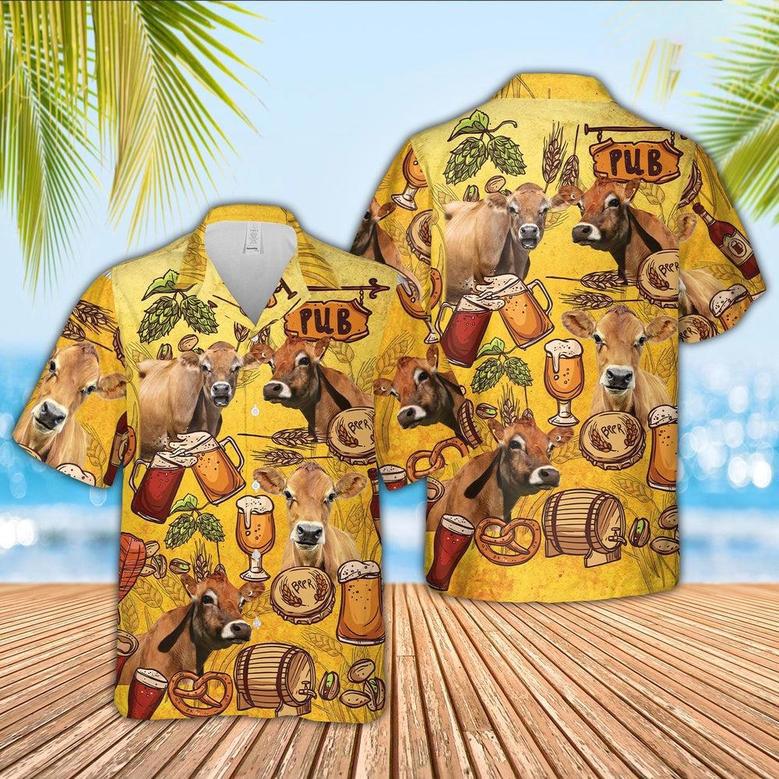 Jersey Cattle Drink Beer Pattern Hawaiian Shirt, Farm Hawaiian Shirt, Farmer Hawaii