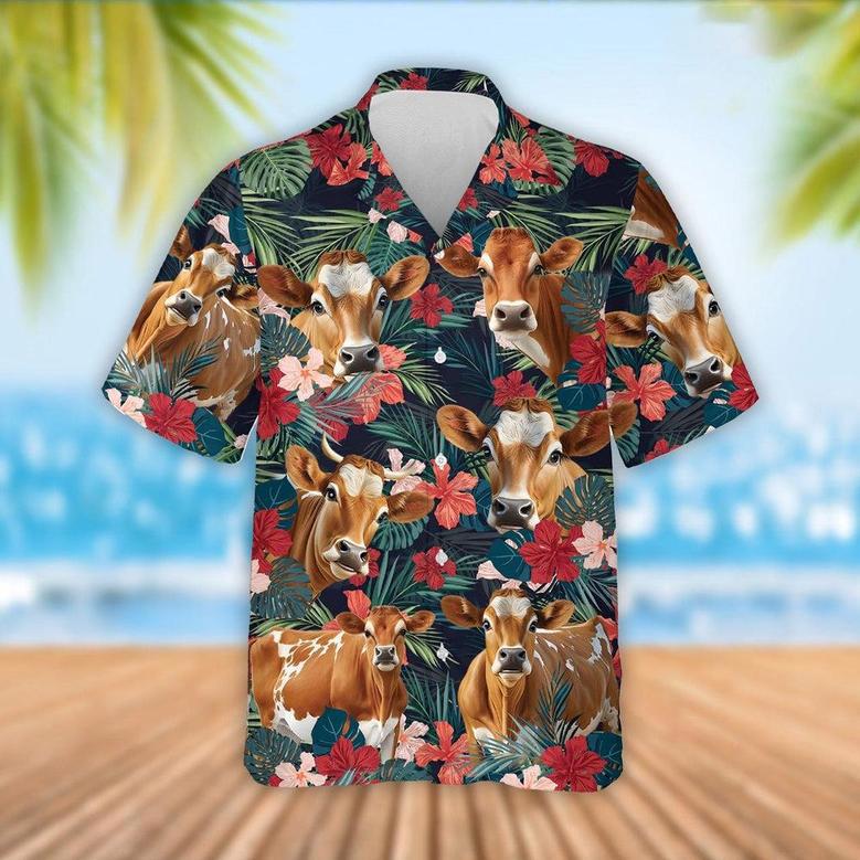 Jersey Cattle Red Tropical Flowers Hawaiian Shirt, Farm Hawaiian Shirt, Farmer Hawaii