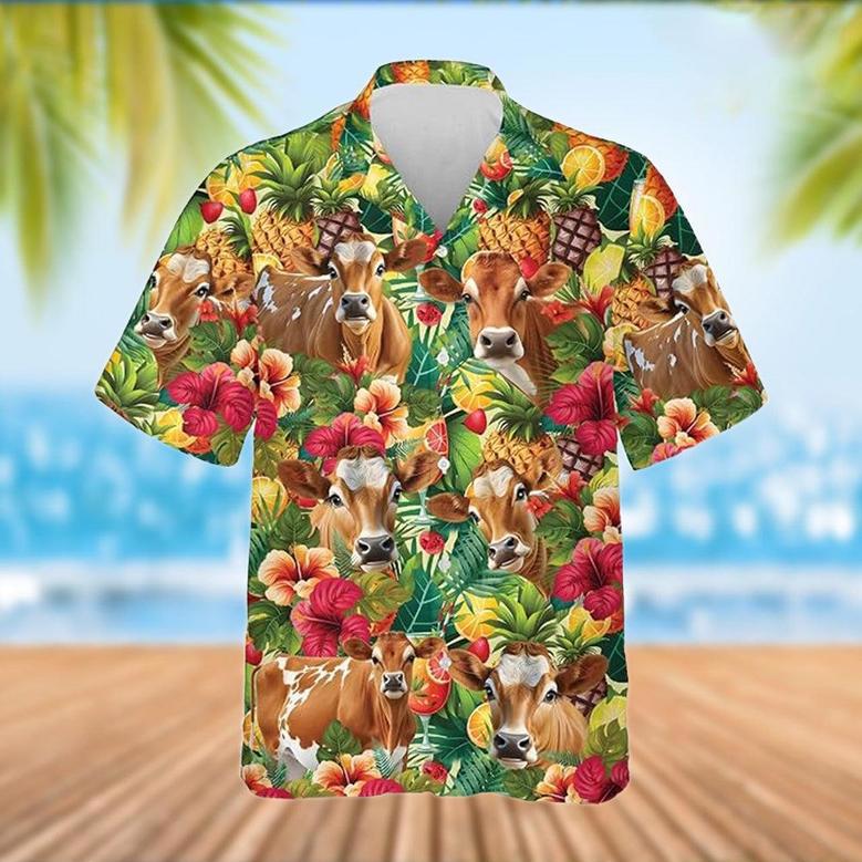 Jersey Cattle Tropical Fruits Pattern Hawaiian Shirt, Farm Hawaiian Shirt, Farmer Hawaii