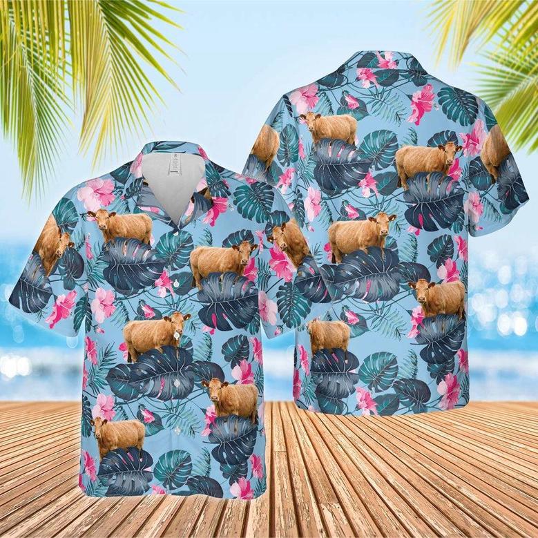 Limousin Blue Hibiscus Hawaiian Shirt, Farm Hawaiian Shirt, Farmer Hawaii