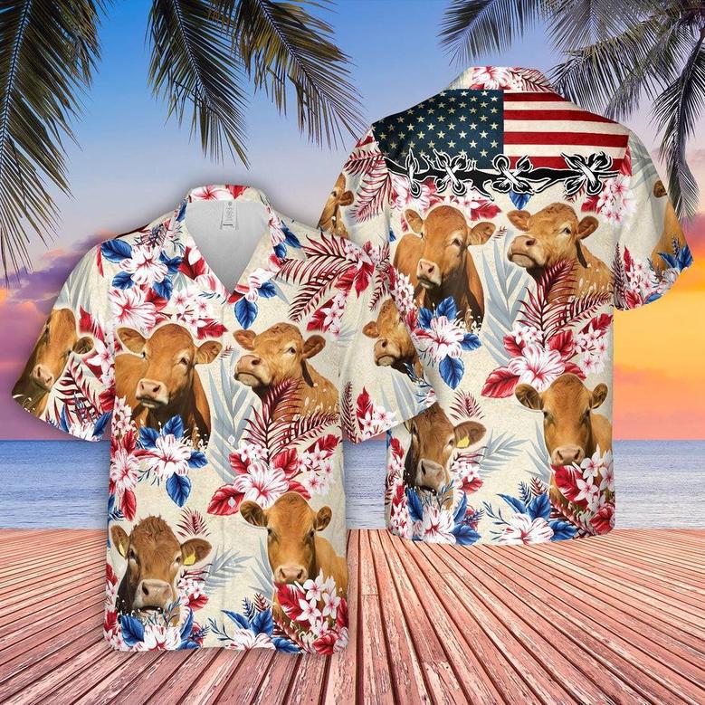 Limousin Pattern US FLAG Hawaiian Shirt, Farm Hawaiian Shirt, Farmer Hawaii