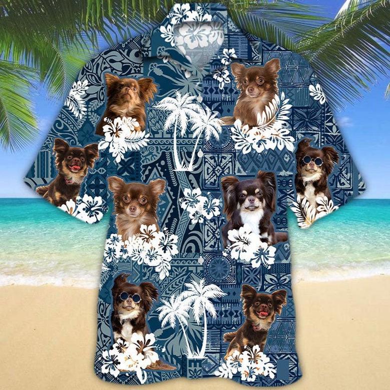 Long Haired Chihuahua Hawaiian Tropical Plants Pattern Blue And White All Over Printed Hawaiian Shirt, Farm Hawaiian Shirt, Farmer Hawaii