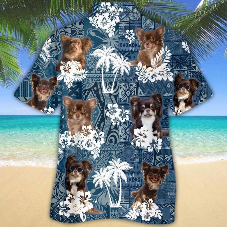 Long Haired Chihuahua Hawaiian Tropical Plants Pattern Blue And White All Over Printed Hawaiian Shirt, Farm Hawaiian Shirt, Farmer Hawaii