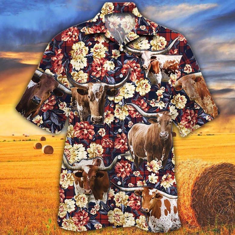 Longhorn Angus Cattle Red Plaid Pattern All Over Printed Hawaiian Shirt, Farm Hawaiian Shirt, Farmer Hawaii