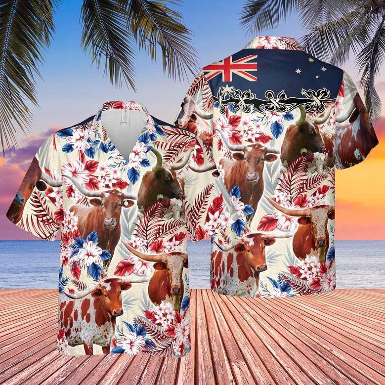 Longhorn Cattle Australia Flag Hawaiian Flowers Hawaiian Shirt, Farm Hawaiian Shirt, Farmer Hawaii