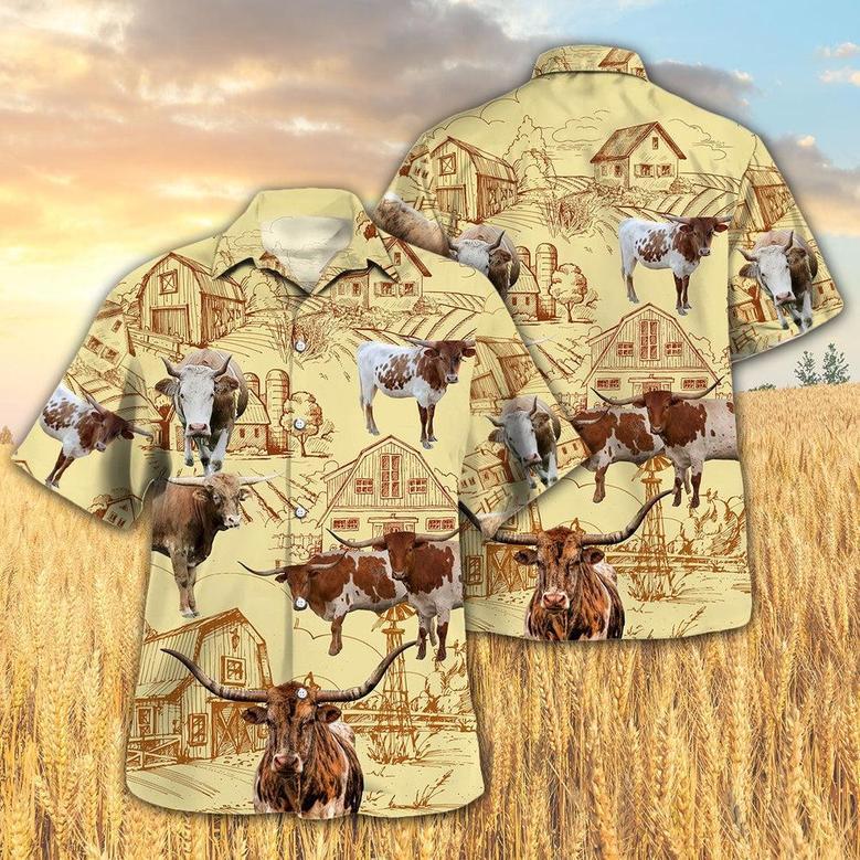 Longhorn Cattle Farm All Over Printed Hawaiian Shirt, Farm Hawaiian Shirt, Farmer Hawaii