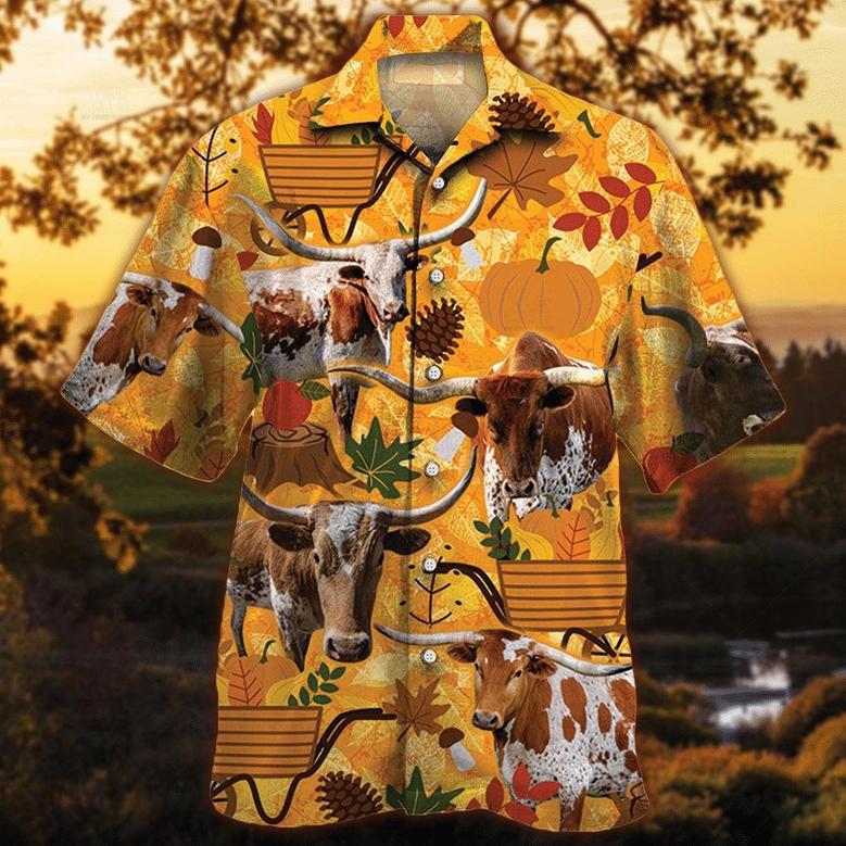 Longhorn Cattle Nature Autumn Pumpkin All Over Printed Hawaiian Shirt, Farm Hawaiian Shirt, Farmer Hawaii