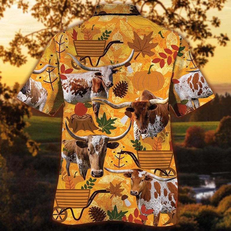 Longhorn Cattle Nature Autumn Pumpkin All Over Printed Hawaiian Shirt, Farm Hawaiian Shirt, Farmer Hawaii