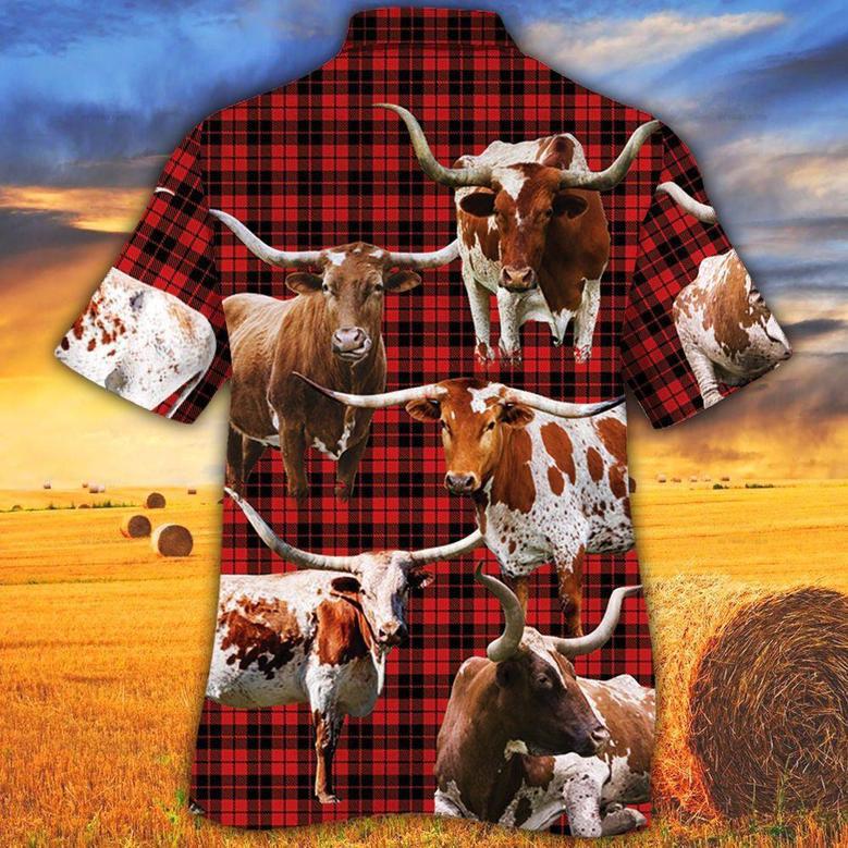 Longhorn Cattle Red Tartan Pattern All Over Printed Hawaiian Shirt, Farm Hawaiian Shirt, Farmer Hawaii