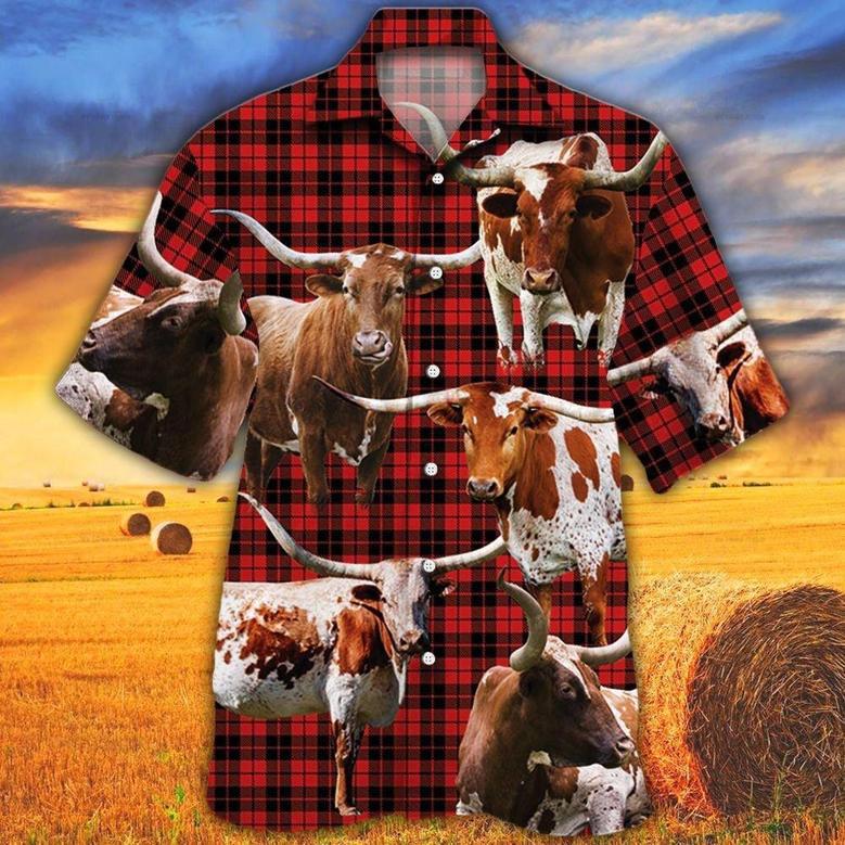 Longhorn Cattle Red Tartan Pattern All Over Printed Hawaiian Shirt, Farm Hawaiian Shirt, Farmer Hawaii