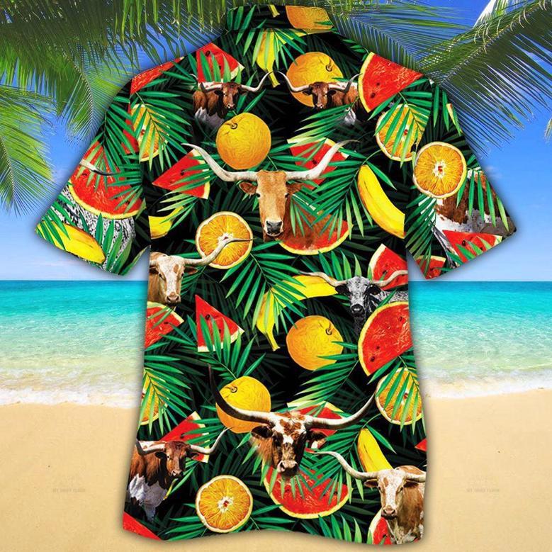 Longhorn Cattle Tropical Fruits All Over Printed Hawaiian Shirt, Farm Hawaiian Shirt, Farmer Hawaii