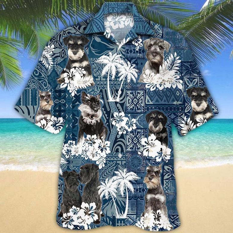 Miniature Schnauzer Hawaiian Tropical Plants Pattern Blue And White All Over Printed Hawaiian Shirt, Farm Hawaiian Shirt, Farmer Hawaii