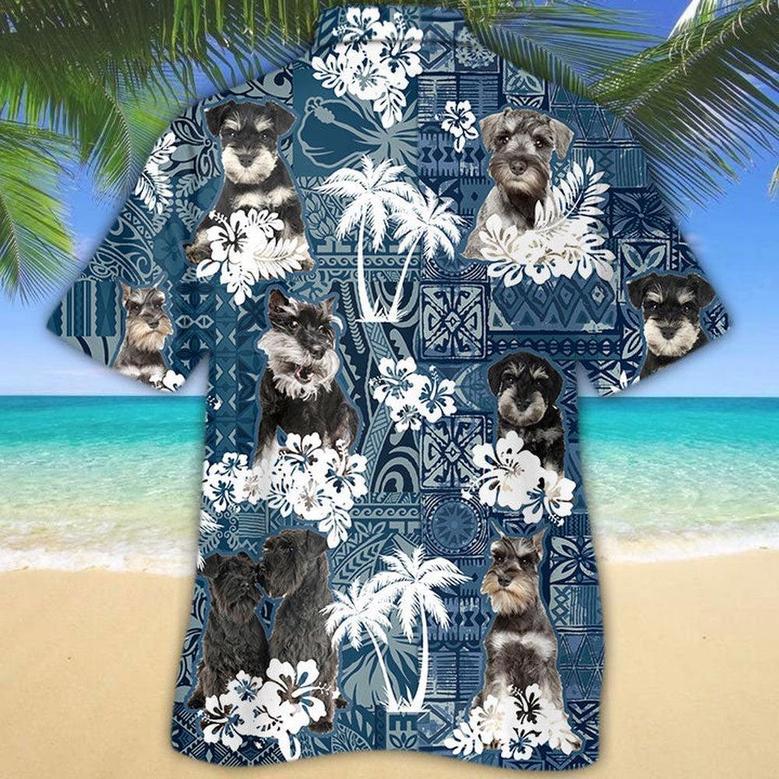 Miniature Schnauzer Hawaiian Tropical Plants Pattern Blue And White All Over Printed Hawaiian Shirt, Farm Hawaiian Shirt, Farmer Hawaii