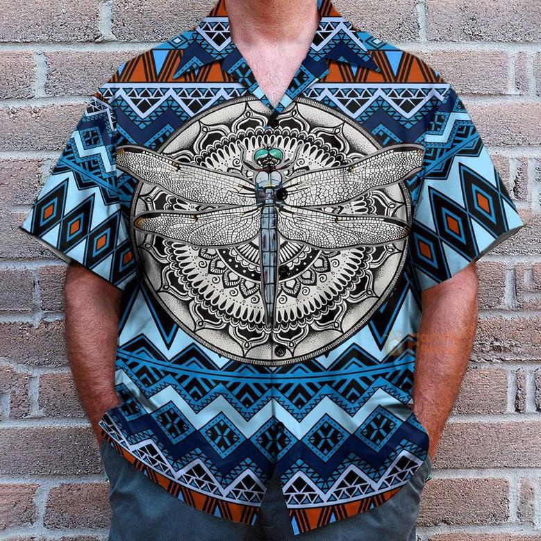 Native American Dragonfly Blue Aloha Hawaiian Shirts, Native America Shirt, Native American Hawaiian Shirt