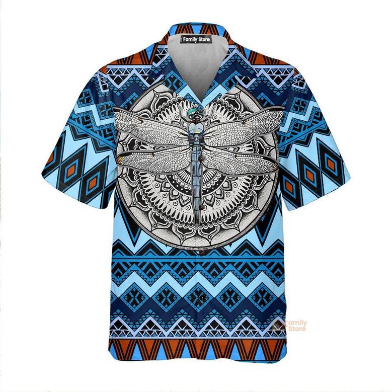 Native American Dragonfly Blue Aloha Hawaiian Shirts, Native America Shirt, Native American Hawaiian Shirt