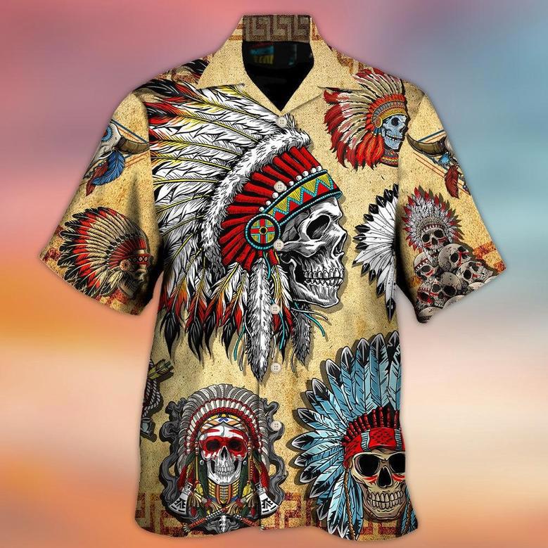 Native American Skull Vintage Art Style Hawaiian Shirt, Native America Shirt, Native American Hawaiian Shirt