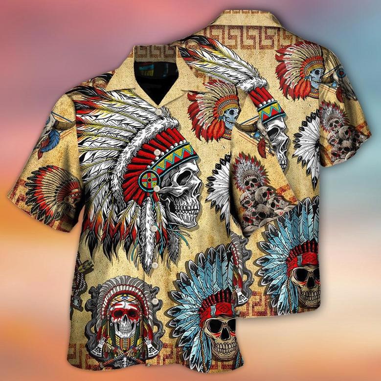 Native American Skull Vintage Art Style Hawaiian Shirt, Native America Shirt, Native American Hawaiian Shirt