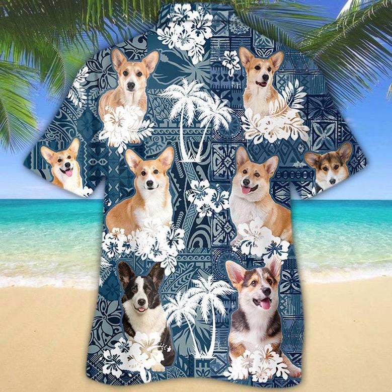 Pembroke Welsh Corgi Hawaiian Tropical Plants Pattern Blue And White All Over Printed Hawaiian Shirt, Farm Hawaiian Shirt, Farmer Hawaii