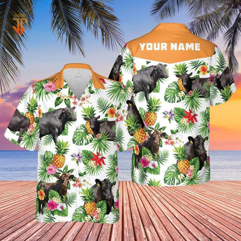 Personalized Name Black Angus Cattle Pineapples All Over Printed Hawaiian Shirt, Farm Hawaiian Shirt, Farmer Hawaii