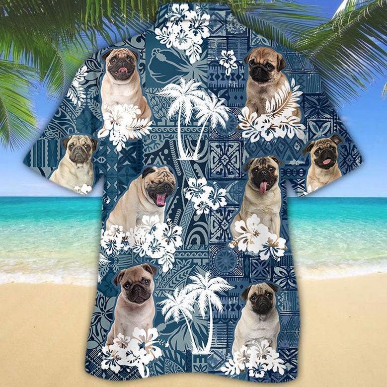 Pug Hawaiian Tropical Plants Pattern Blue And White All Over Printed Hawaiian Shirt, Farm Hawaiian Shirt, Farmer Hawaii