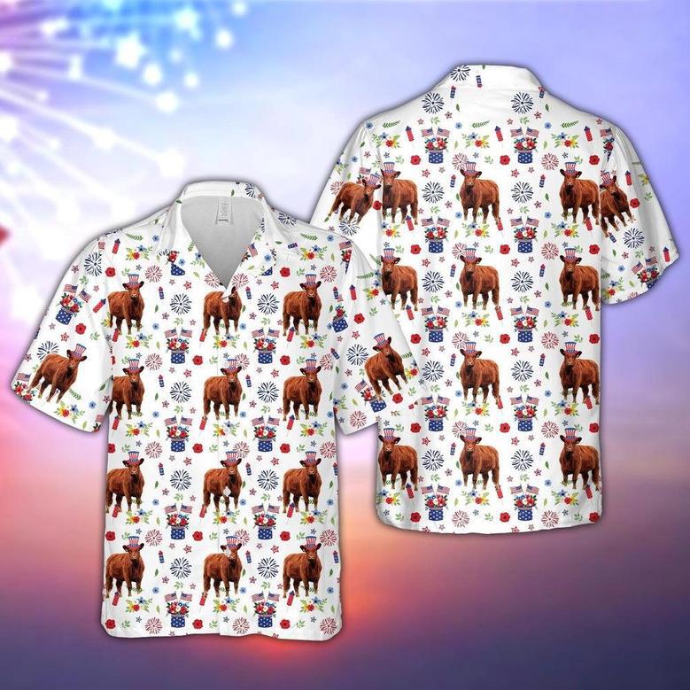 Red Angus American Flag And Firework Pattern Hawaiian Shirt, Farm Hawaiian Shirt, Farmer Hawaii