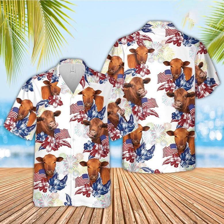 Red Angus American Flowers And Flag Pattern Hawaiian Shirt, Farm Hawaiian Shirt, Farmer Hawaii