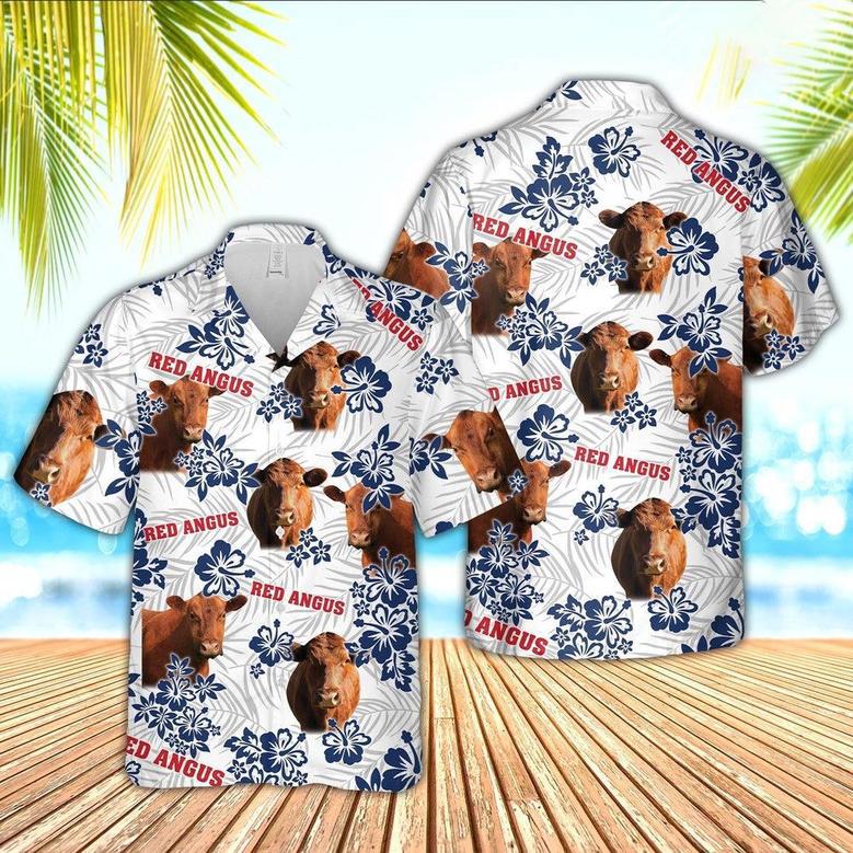 Red Angus American White Flowers Pattern Hawaiian Shirt, Farm Hawaiian Shirt, Farmer Hawaii