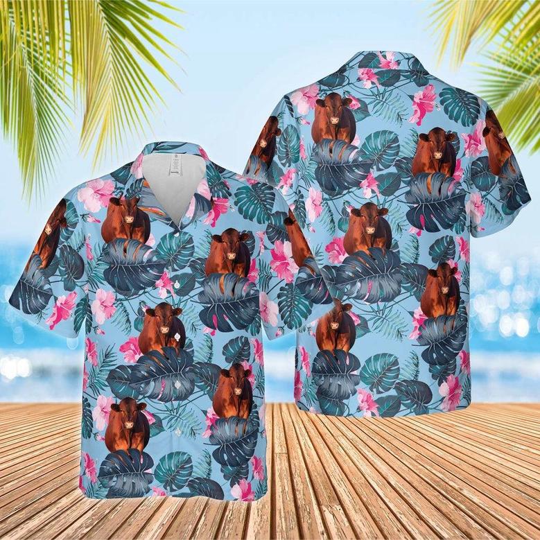 Red Angus Blue Hibiscus Hawaiian Shirt, Farm Hawaiian Shirt, Farmer Hawaii