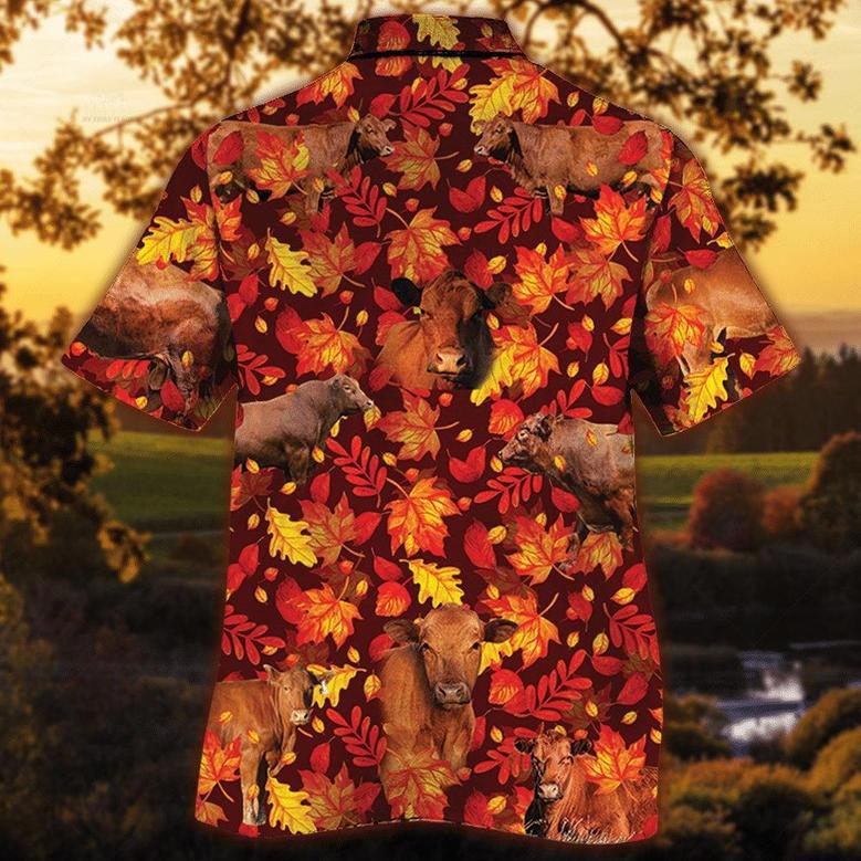 Red Angus Cattle Autumn Leaves All Over Printed Hawaiian Shirt, Farm Hawaiian Shirt, Farmer Hawaii