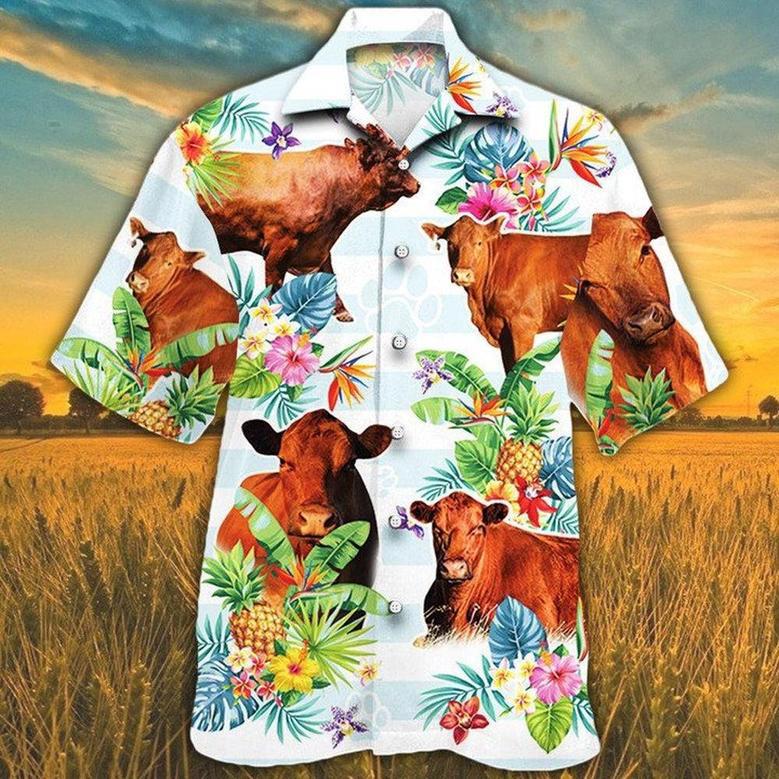 RED ANGUS CATTLE Hawaiian Theme Pineapple Tropical Flower All Printed Hawaiian Shirt, Farm Hawaiian Shirt, Farmer Hawaii