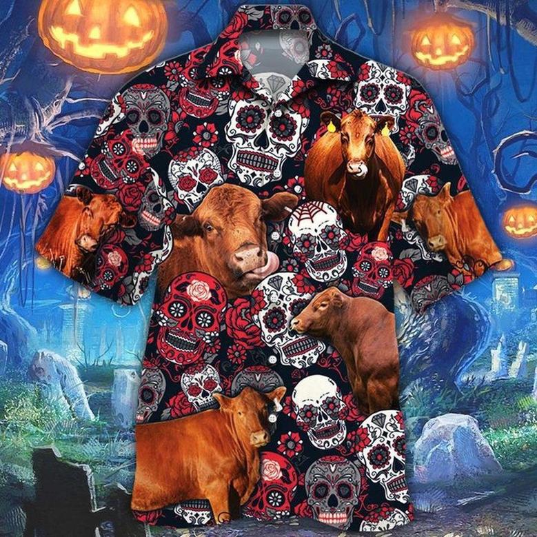 Red Angus Cattle Lovers Sugar Skull Floral Hawaiian Shirt, Farm Hawaiian Shirt, Farmer Hawaii